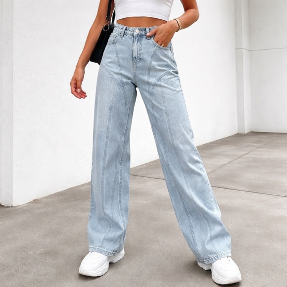 White Fox Light Blue Panel Seam Wide Leg Jeans Small Y2K Streetwear High Rise